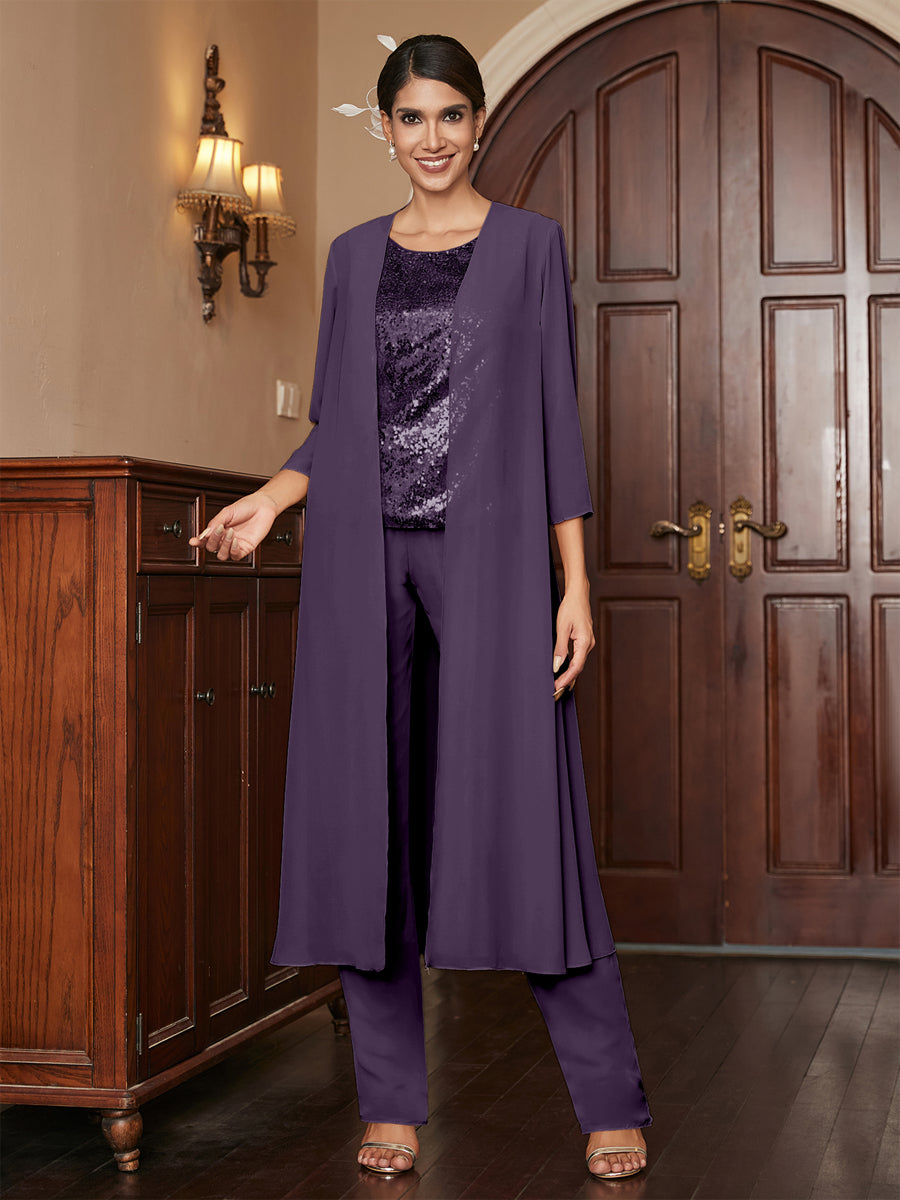 Chiffon Scoop 3/4 Sleeves 3 Pieces Pantsuits with Sequins &amp; Jacket