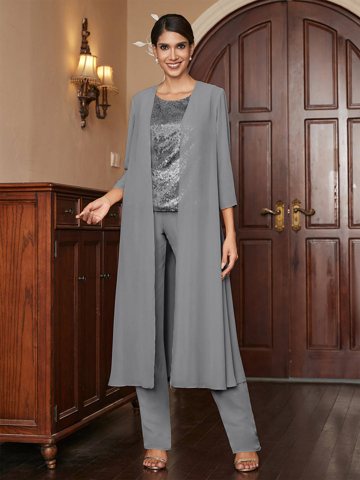 Chiffon Scoop 3/4 Sleeves 3 Pieces Pantsuits with Sequins &amp; Jacket