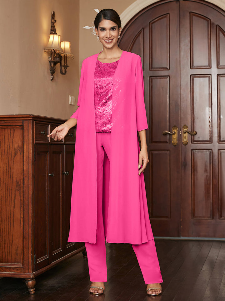 Chiffon Scoop 3/4 Sleeves 3 Pieces Pantsuits with Sequins &amp; Jacket