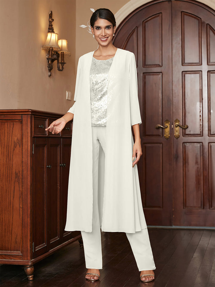 Chiffon Scoop 3/4 Sleeves 3 Pieces Pantsuits with Sequins &amp; Jacket