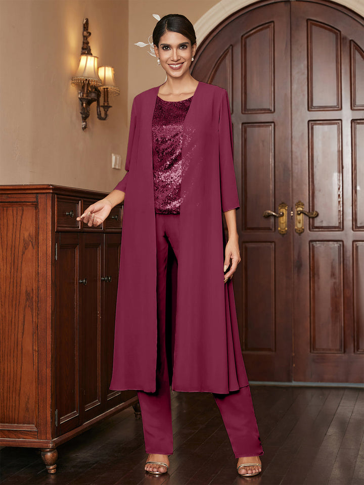 Chiffon Scoop 3/4 Sleeves 3 Pieces Pantsuits with Sequins &amp; Jacket