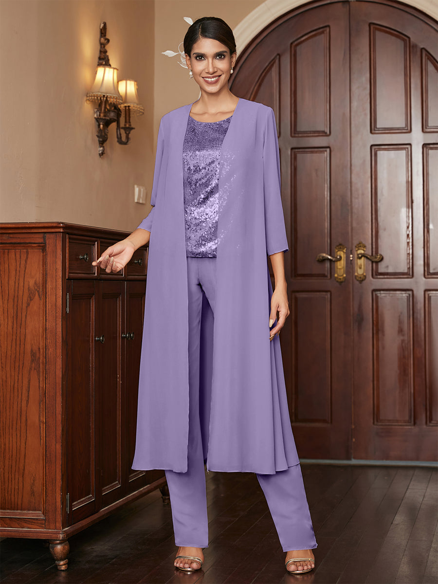 Chiffon Scoop 3/4 Sleeves 3 Pieces Pantsuits with Sequins &amp; Jacket