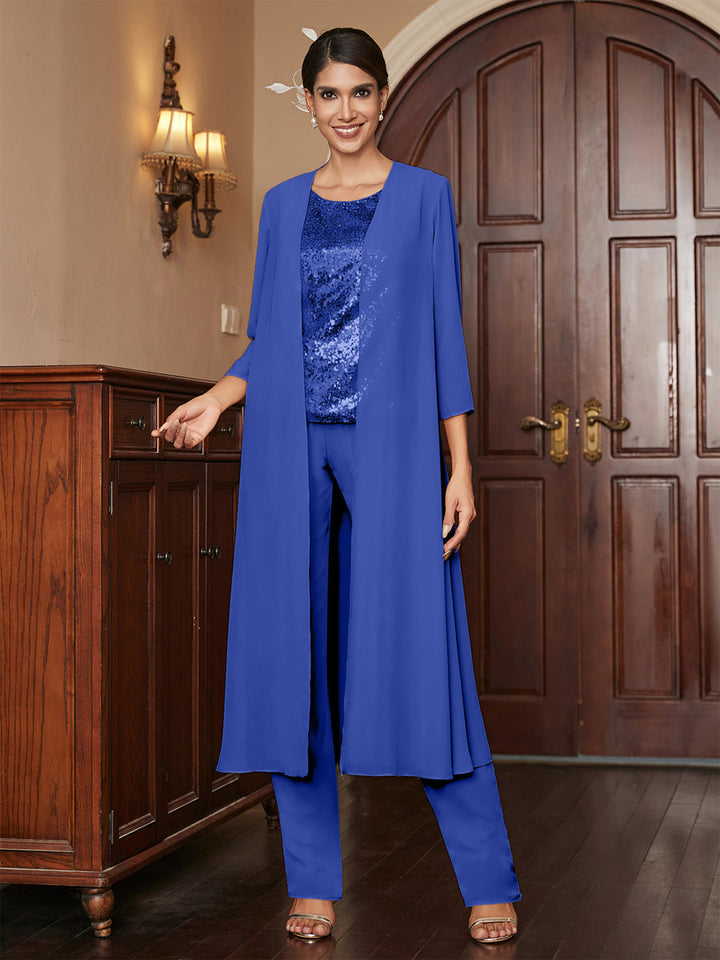 Chiffon Scoop 3/4 Sleeves 3 Pieces Pantsuits with Sequins &amp; Jacket