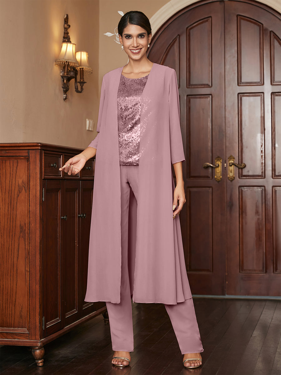 Chiffon Scoop 3/4 Sleeves 3 Pieces Pantsuits with Sequins &amp; Jacket