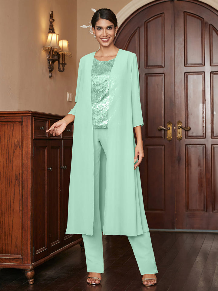 Chiffon Scoop 3/4 Sleeves 3 Pieces Pantsuits with Sequins &amp; Jacket