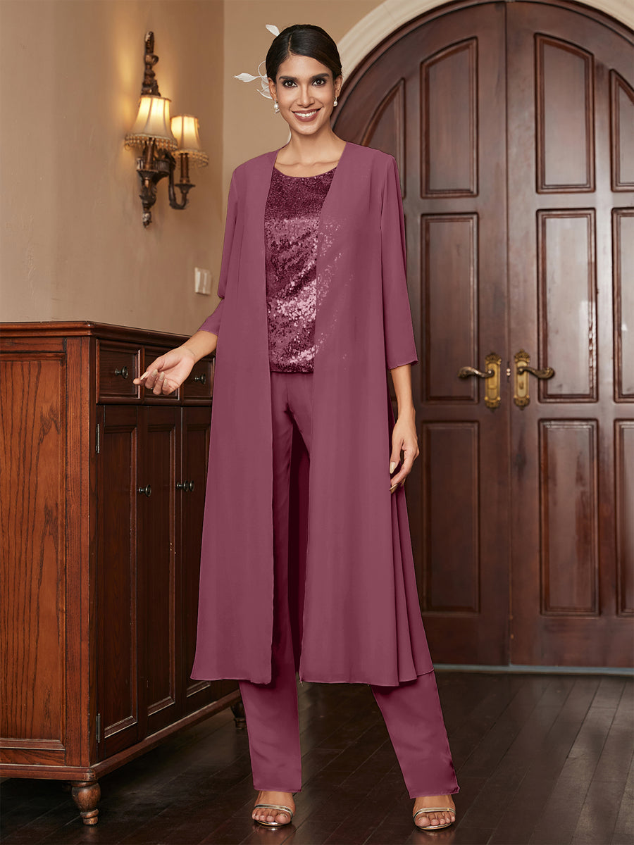 Chiffon Scoop 3/4 Sleeves 3 Pieces Pantsuits with Sequins &amp; Jacket