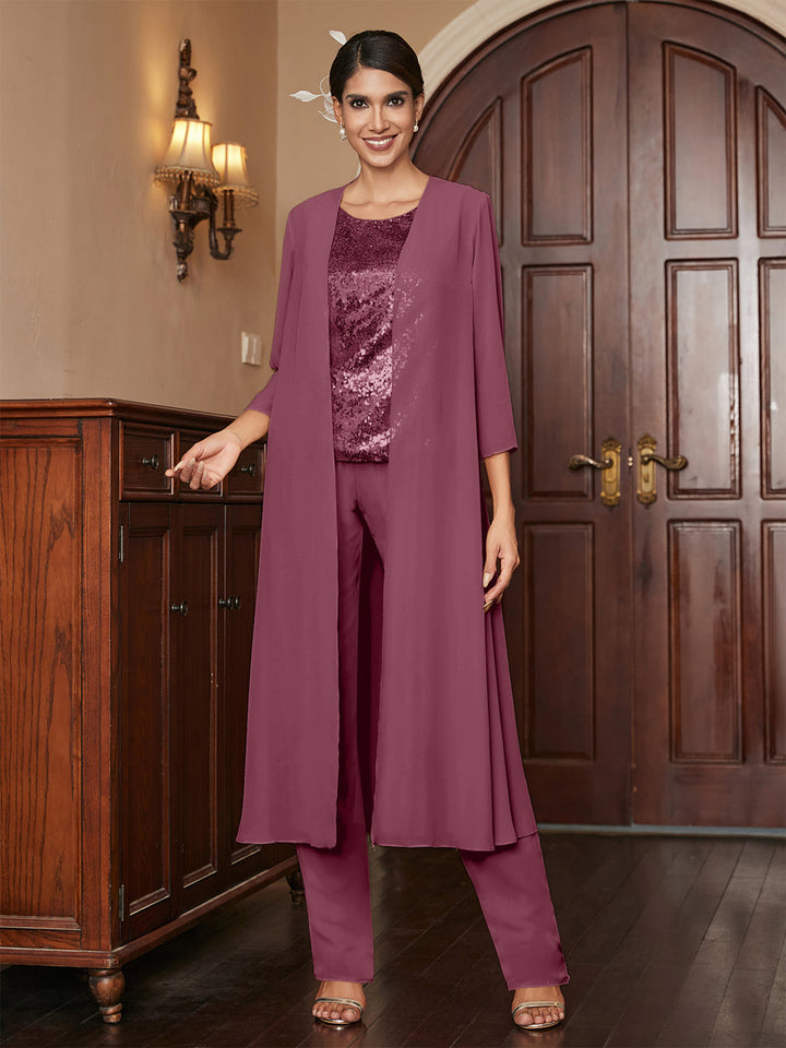 Chiffon Scoop 3/4 Sleeves 3 Pieces Pantsuits with Sequins &amp; Jacket