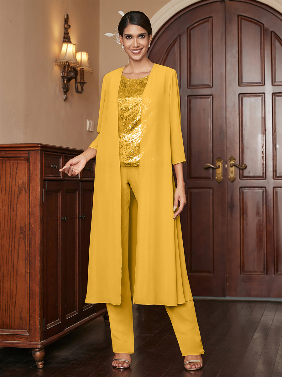 Chiffon Scoop 3/4 Sleeves 3 Pieces Pantsuits with Sequins &amp; Jacket
