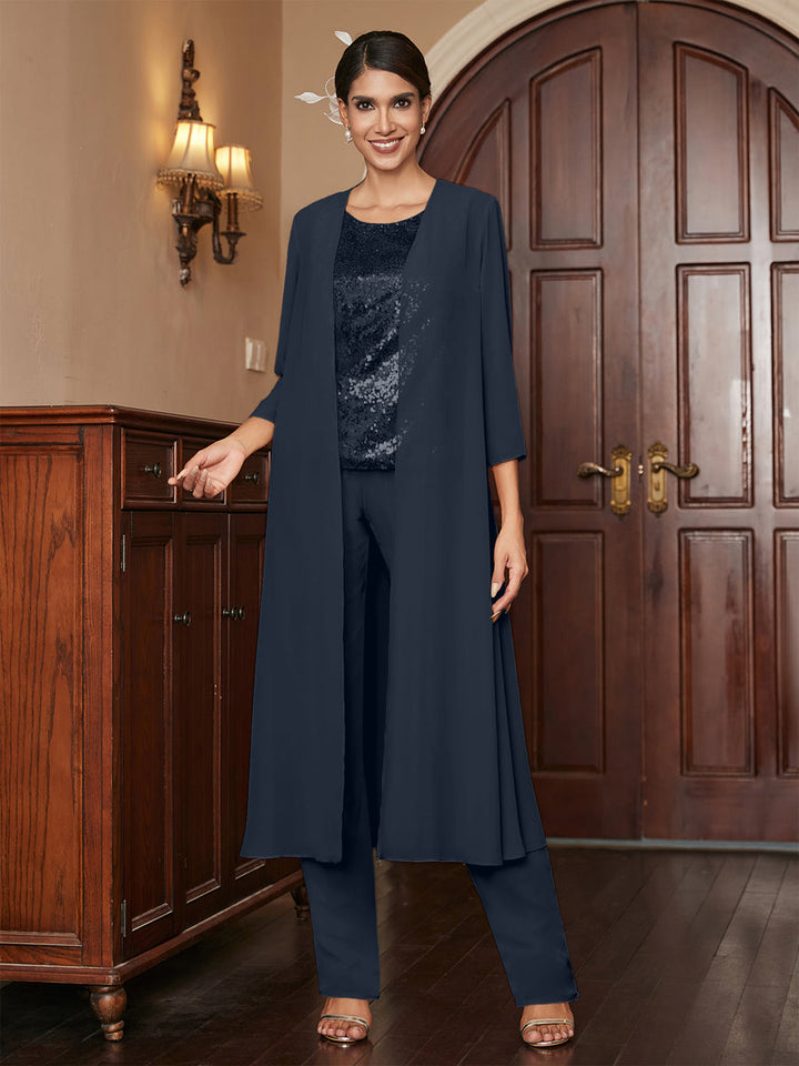 Chiffon Scoop 3/4 Sleeves 3 Pieces Pantsuits with Sequins &amp; Jacket