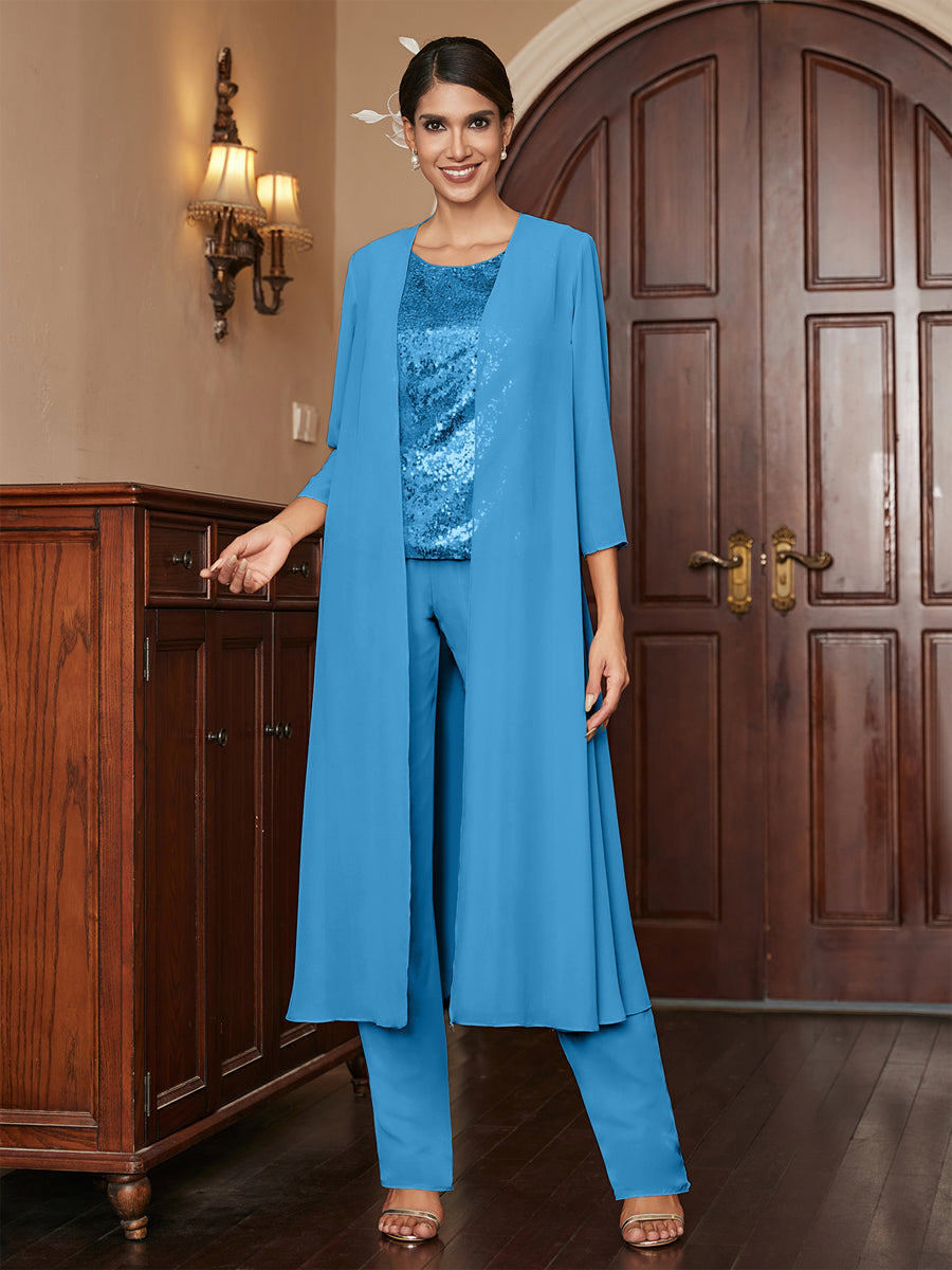 Chiffon Scoop 3/4 Sleeves 3 Pieces Pantsuits with Sequins &amp; Jacket