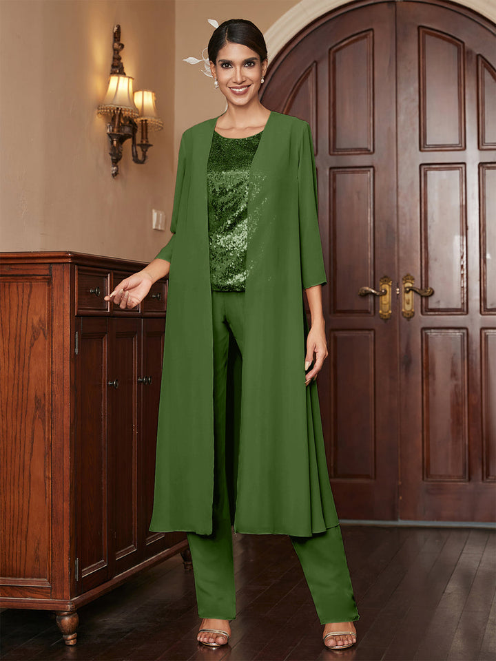 Chiffon Scoop 3/4 Sleeves 3 Pieces Pantsuits with Sequins &amp; Jacket