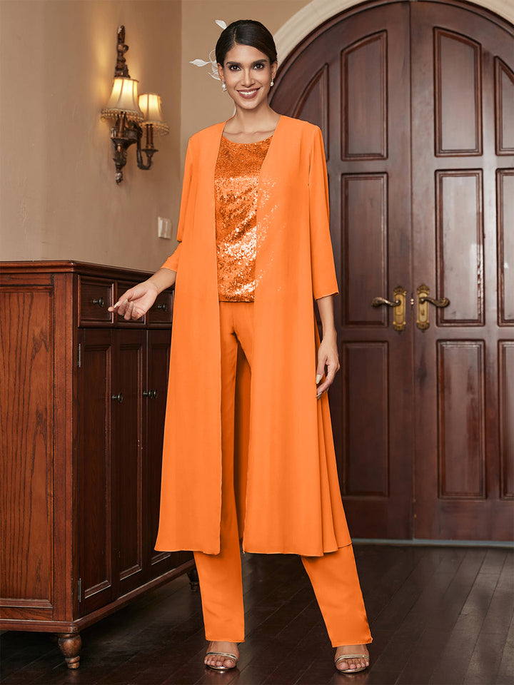 Chiffon Scoop 3/4 Sleeves 3 Pieces Pantsuits with Sequins &amp; Jacket