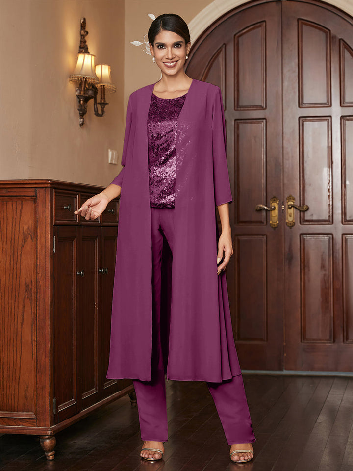Chiffon Scoop 3/4 Sleeves 3 Pieces Pantsuits with Sequins &amp; Jacket