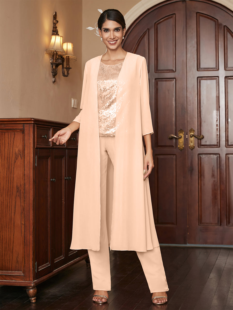 Chiffon Scoop 3/4 Sleeves 3 Pieces Pantsuits with Sequins &amp; Jacket