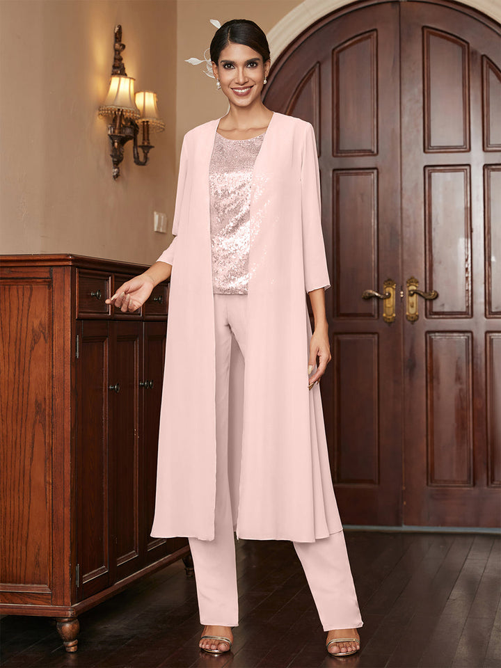 Chiffon Scoop 3/4 Sleeves 3 Pieces Pantsuits with Sequins &amp; Jacket