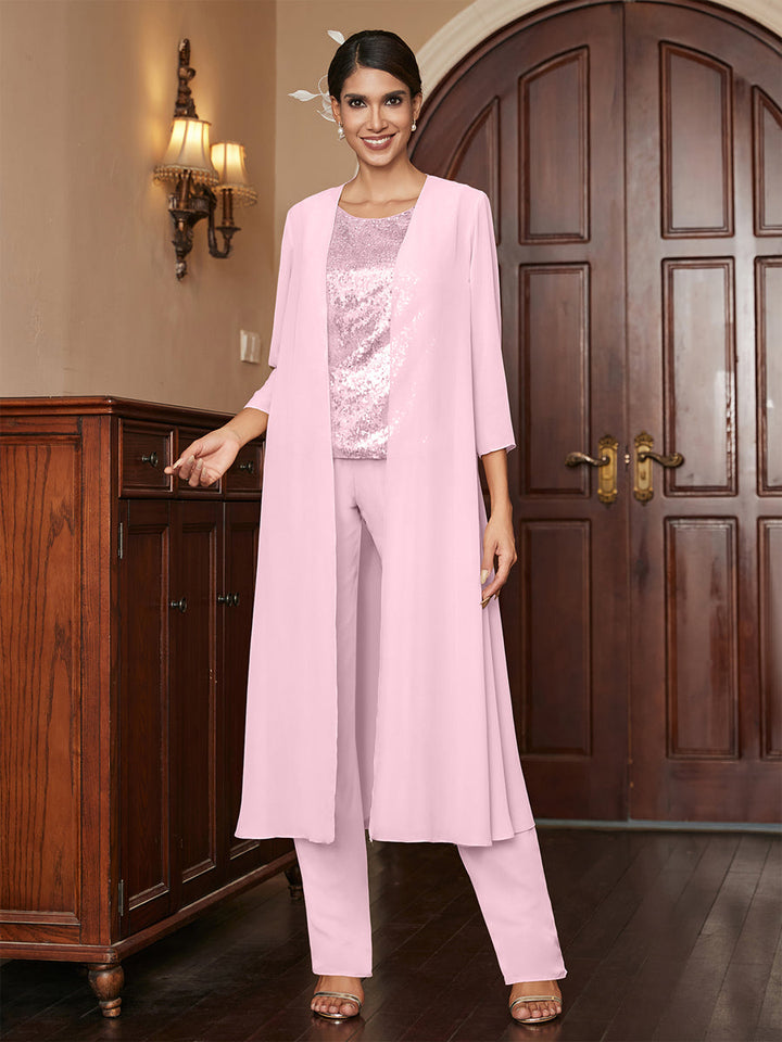 Chiffon Scoop 3/4 Sleeves 3 Pieces Pantsuits with Sequins &amp; Jacket