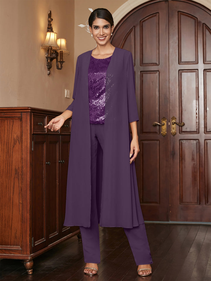 Chiffon Scoop 3/4 Sleeves 3 Pieces Pantsuits with Sequins &amp; Jacket