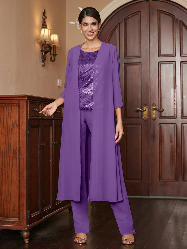 Chiffon Scoop 3/4 Sleeves 3 Pieces Pantsuits with Sequins &amp; Jacket