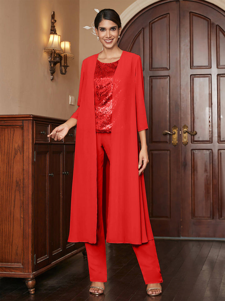 Chiffon Scoop 3/4 Sleeves 3 Pieces Pantsuits with Sequins &amp; Jacket