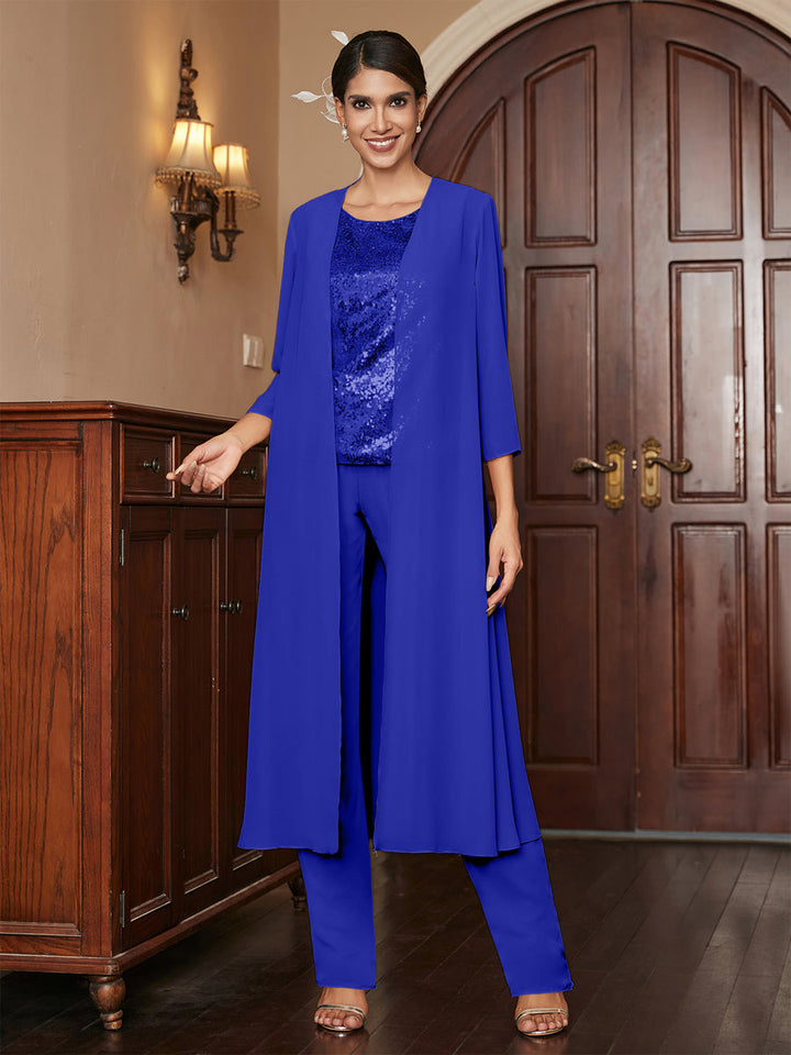 Chiffon Scoop 3/4 Sleeves 3 Pieces Pantsuits with Sequins &amp; Jacket