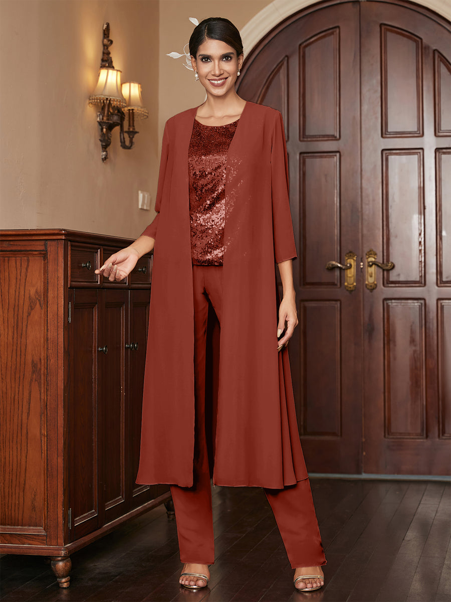 Chiffon Scoop 3/4 Sleeves 3 Pieces Pantsuits with Sequins &amp; Jacket