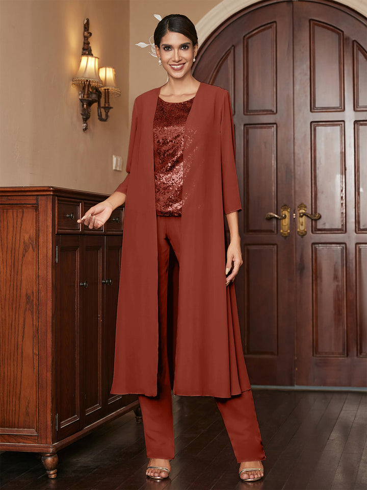 Chiffon Scoop 3/4 Sleeves 3 Pieces Pantsuits with Sequins &amp; Jacket