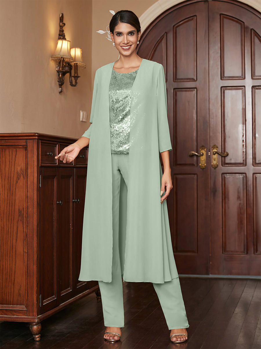 Chiffon Scoop 3/4 Sleeves 3 Pieces Pantsuits with Sequins &amp; Jacket