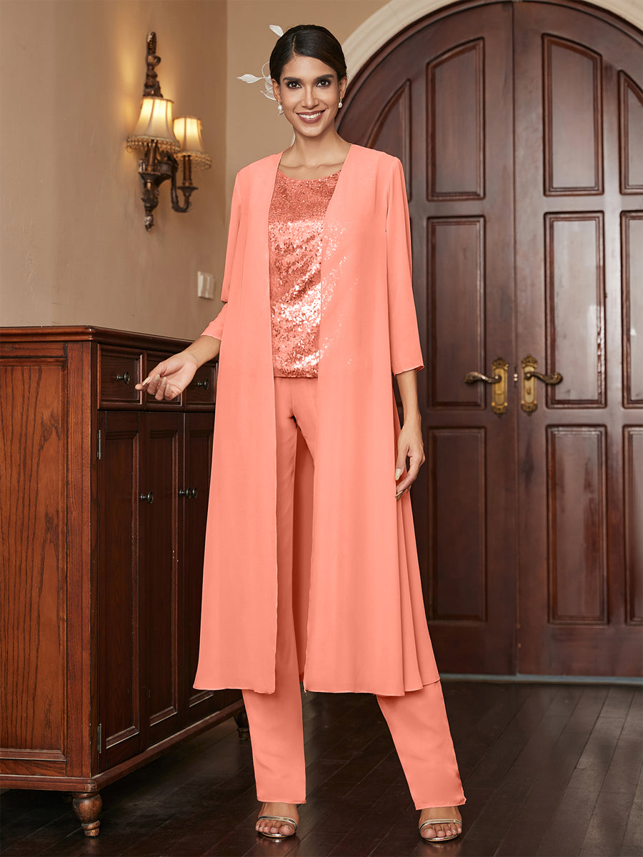 Chiffon Scoop 3/4 Sleeves 3 Pieces Pantsuits with Sequins &amp; Jacket