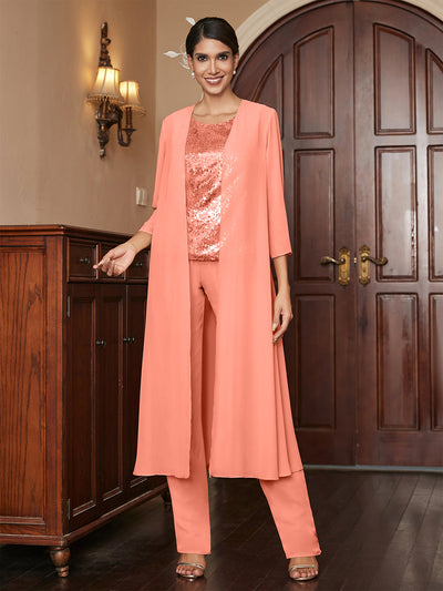 Chiffon Scoop 3/4 Sleeves 3 Pieces Pantsuits with Sequins & Jacket
