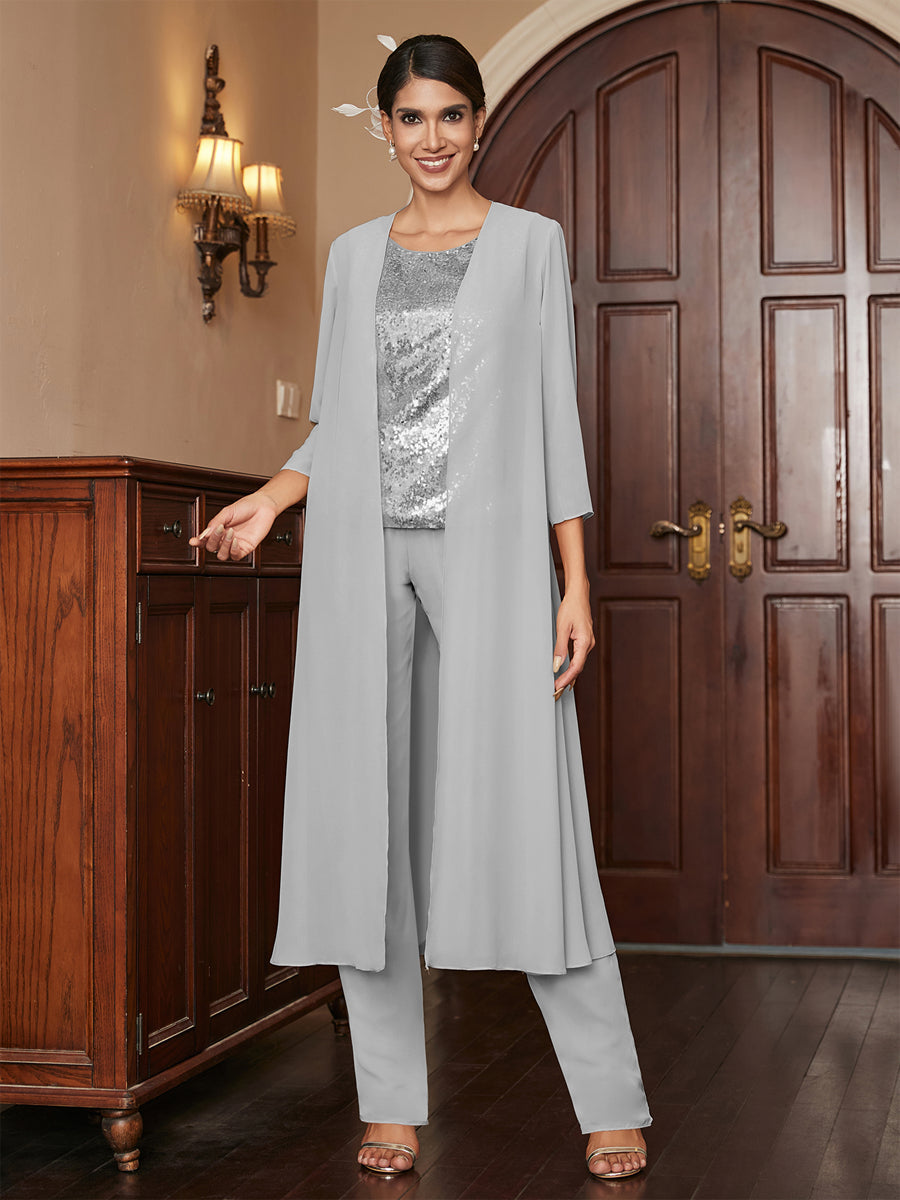 Chiffon Scoop 3/4 Sleeves 3 Pieces Pantsuits with Sequins &amp; Jacket