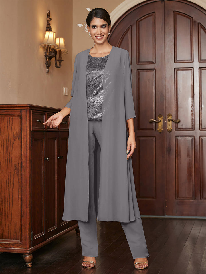 Chiffon Scoop 3/4 Sleeves 3 Pieces Pantsuits with Sequins &amp; Jacket