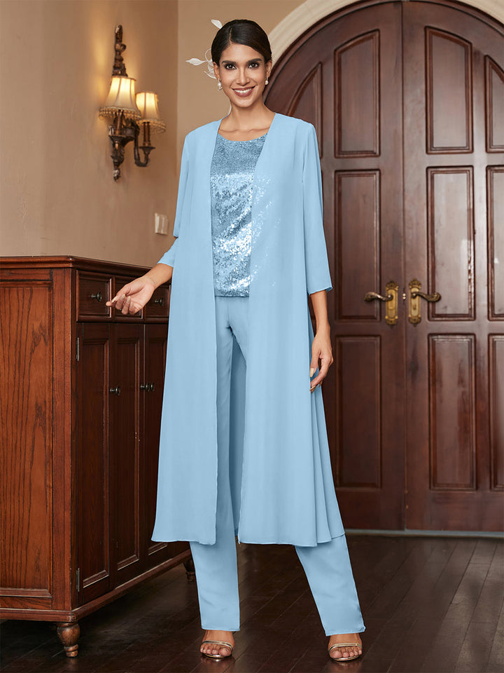 Chiffon Scoop 3/4 Sleeves 3 Pieces Pantsuits with Sequins &amp; Jacket
