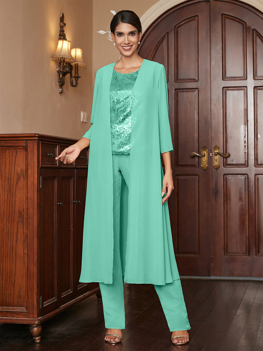 Chiffon Scoop 3/4 Sleeves 3 Pieces Pantsuits with Sequins &amp; Jacket