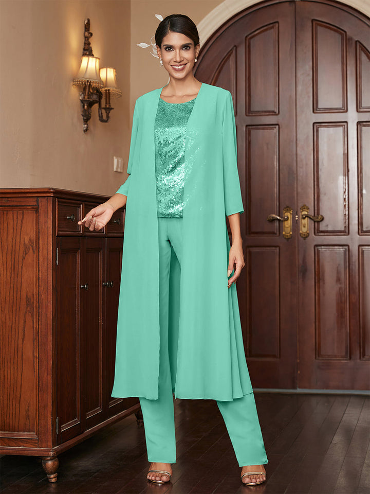 Chiffon Scoop 3/4 Sleeves 3 Pieces Pantsuits with Sequins &amp; Jacket