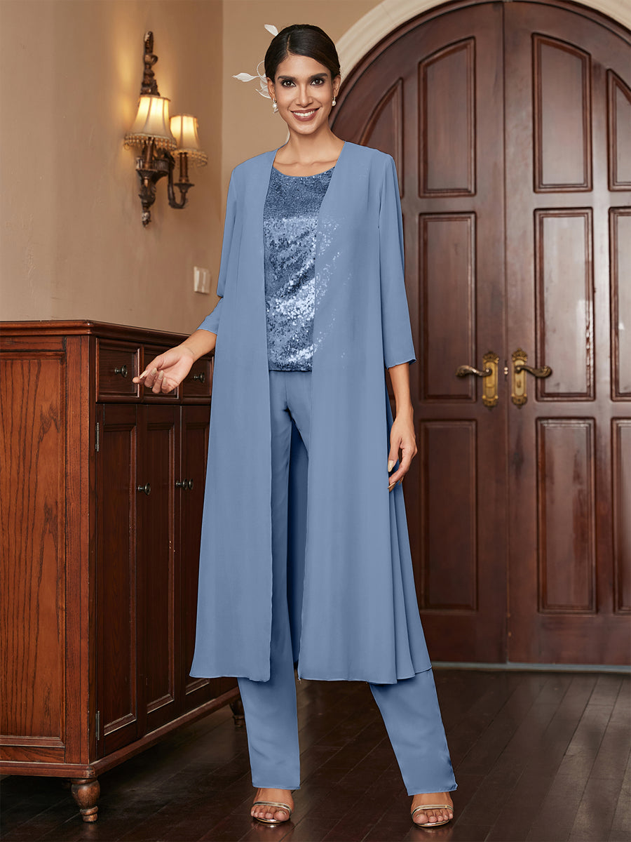 Chiffon Scoop 3/4 Sleeves 3 Pieces Pantsuits with Sequins &amp; Jacket