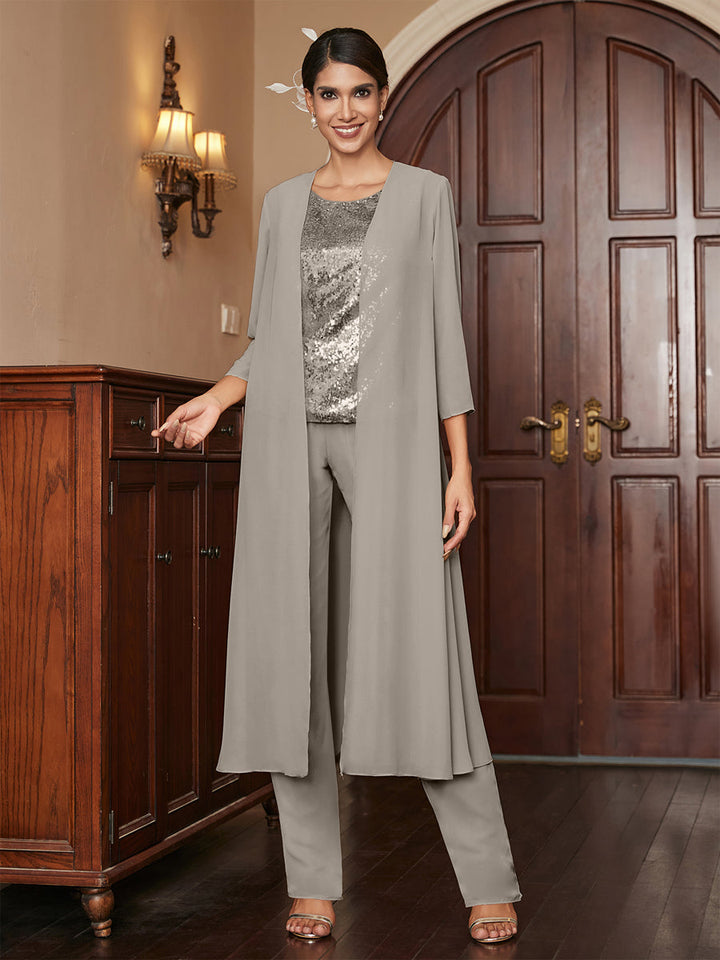 Chiffon Scoop 3/4 Sleeves 3 Pieces Pantsuits with Sequins &amp; Jacket
