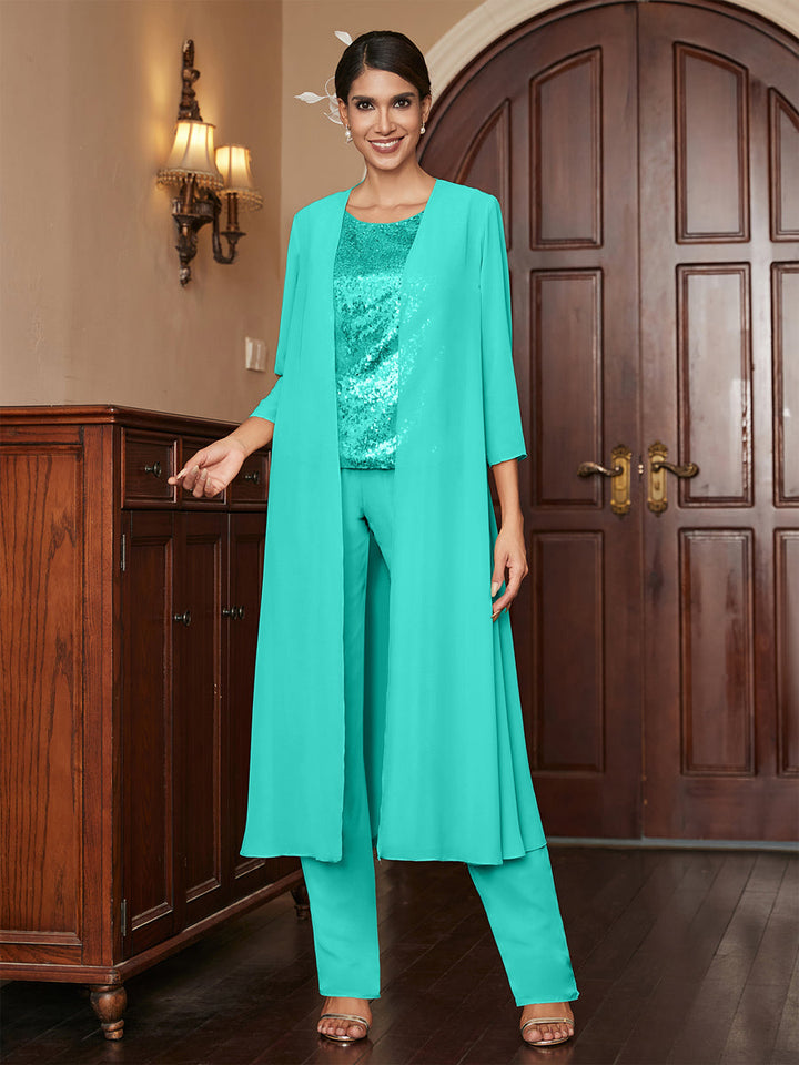 Chiffon Scoop 3/4 Sleeves 3 Pieces Pantsuits with Sequins &amp; Jacket