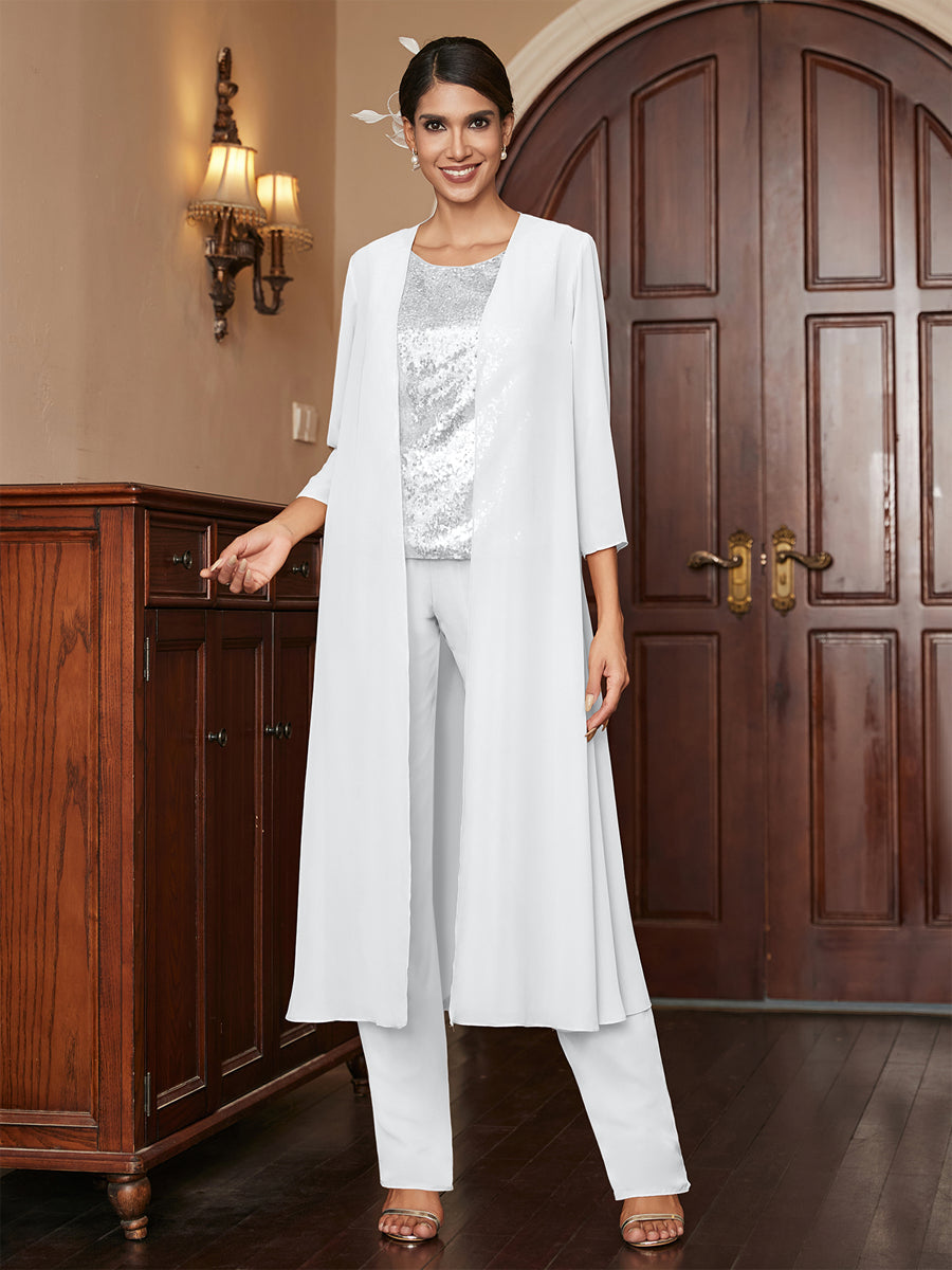 Chiffon Scoop 3/4 Sleeves 3 Pieces Pantsuits with Sequins &amp; Jacket