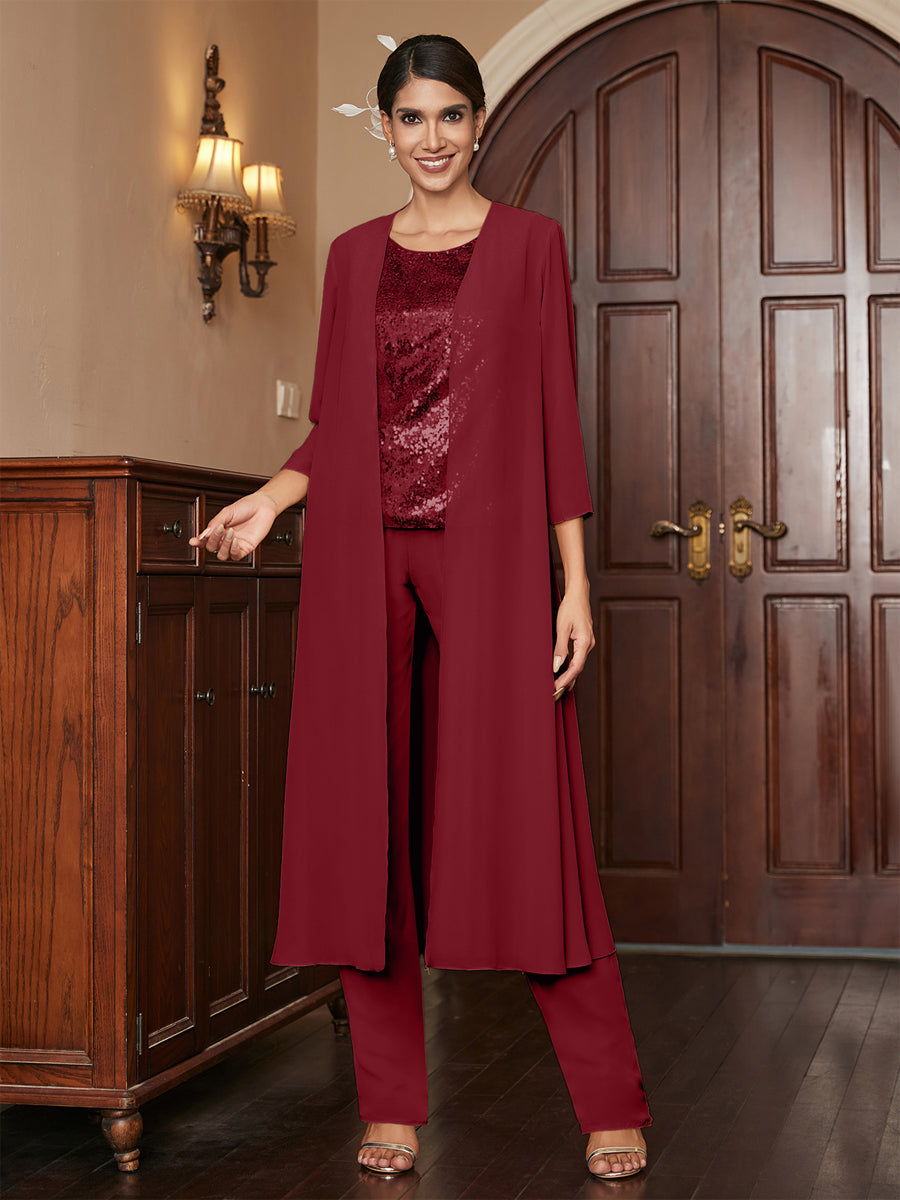 Chiffon Scoop 3/4 Sleeves 3 Pieces Pantsuits with Sequins &amp; Jacket