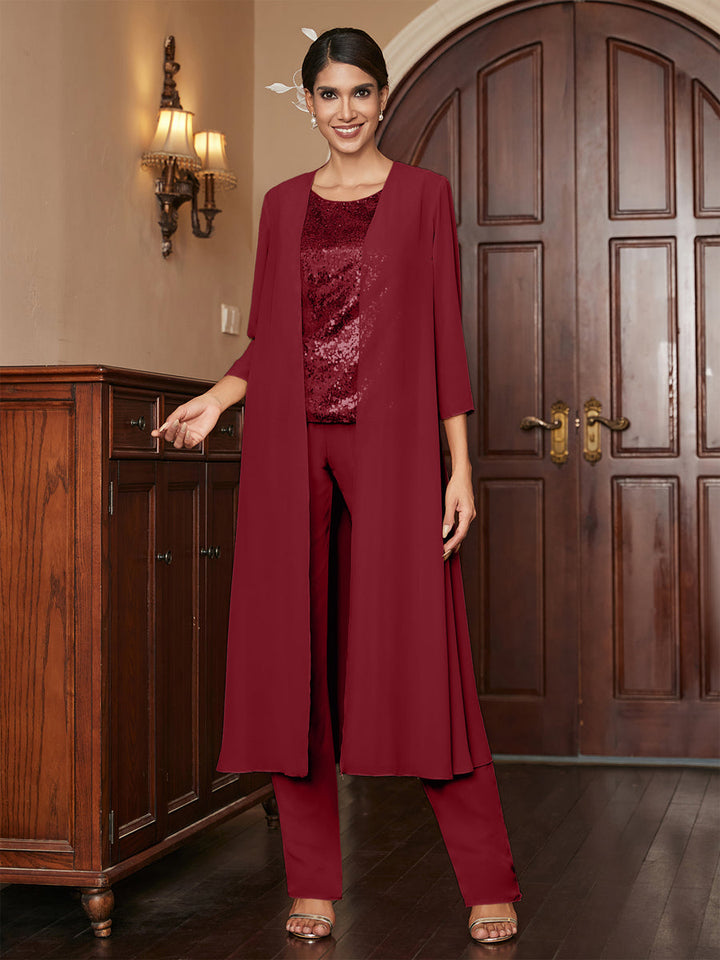 Chiffon Scoop 3/4 Sleeves 3 Pieces Pantsuits with Sequins &amp; Jacket