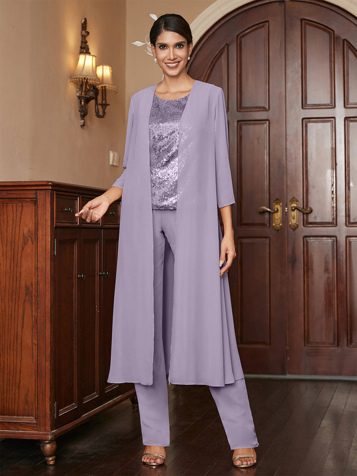 Chiffon Scoop 3/4 Sleeves 3 Pieces Pantsuits with Sequins &amp; Jacket