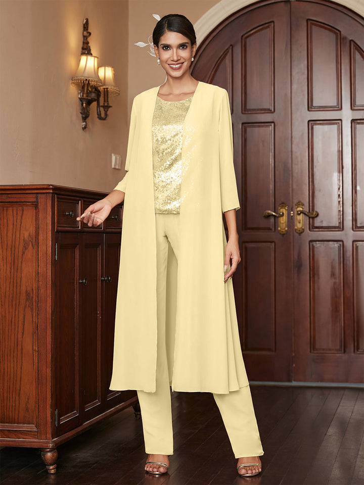 Chiffon Scoop 3/4 Sleeves 3 Pieces Pantsuits with Sequins &amp; Jacket