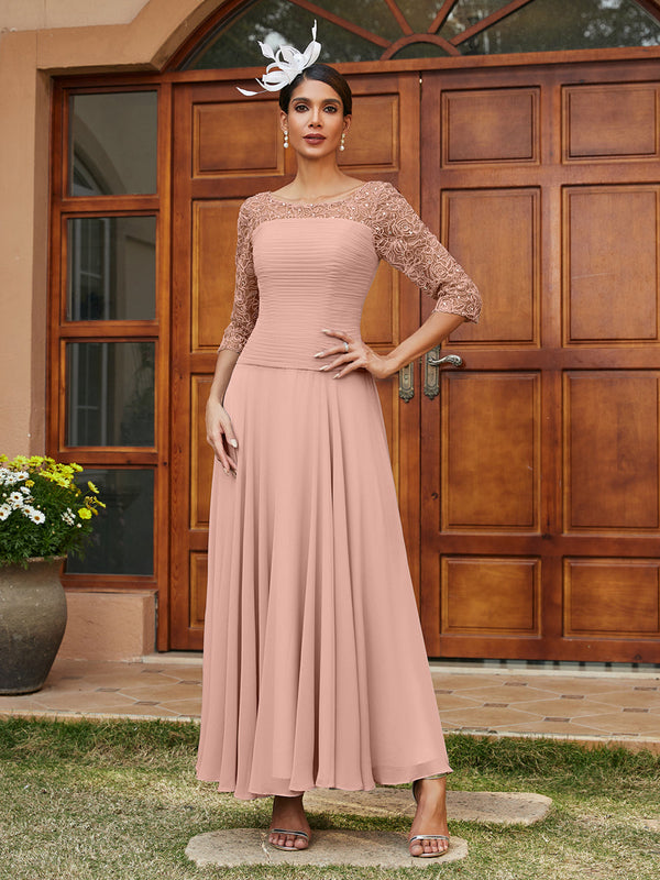 A-Line/Princess Sheer Neck Half Sleeves Long Evening Dresses with Appliques