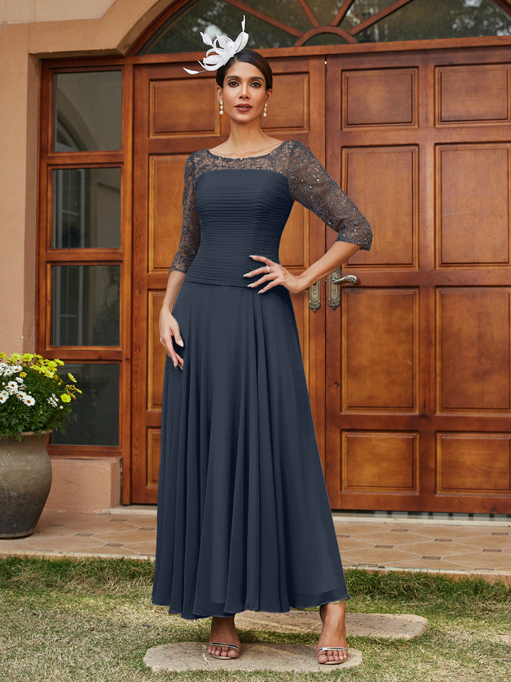 A-Line/Princess Sheer Neck Half Sleeves Long Evening Dresses with Appliques