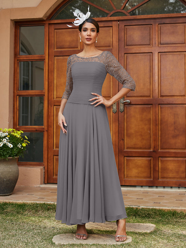 A-Line/Princess Sheer Neck Half Sleeves Long Evening Dresses with Appliques