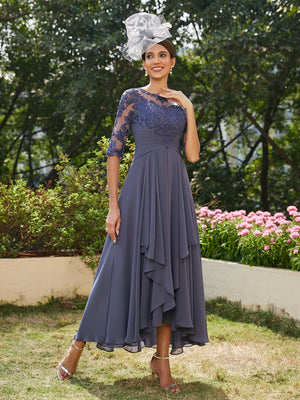 A-Line/Princess Sheer Neck Half Sleeves Long Evening Dresses with Appliques