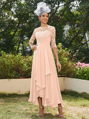 A-Line/Princess Sheer Neck Half Sleeves Long Evening Dresses with Appliques