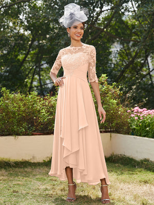 A-Line/Princess Sheer Neck Half Sleeves Long Evening Dresses with Appliques