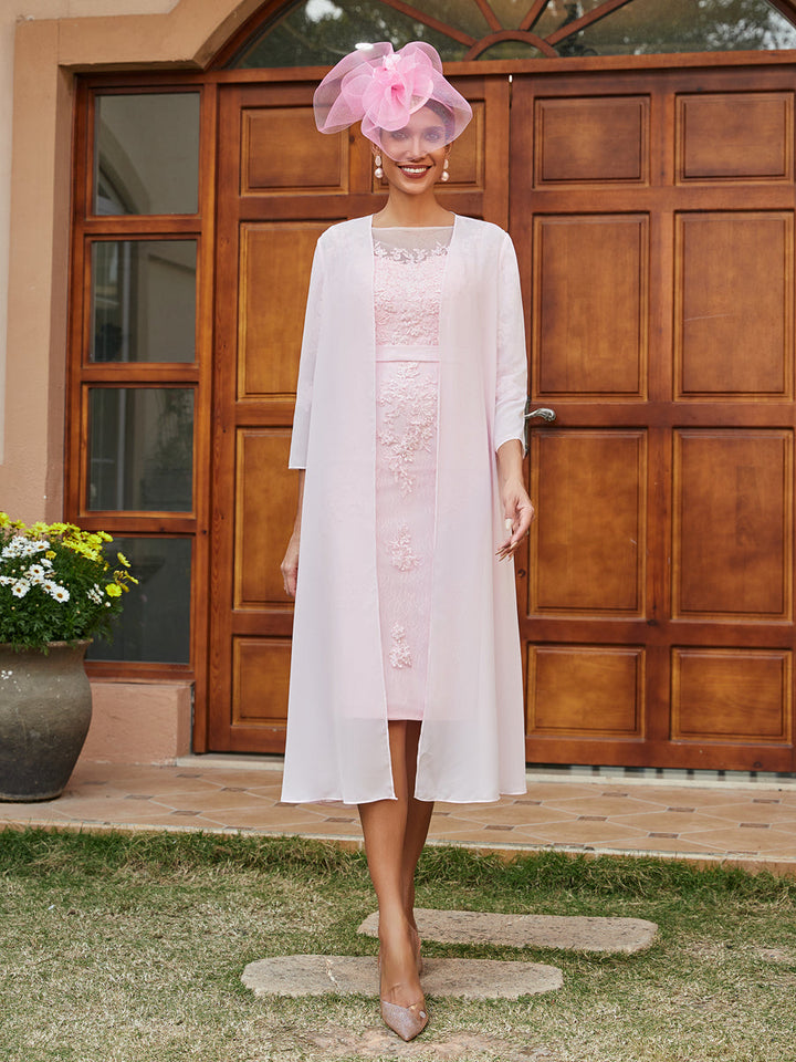 Sheath/Column Sheer Neck 3/4 Sleeves Knee-Length Evening Dresses with Appliques &amp; Jacket