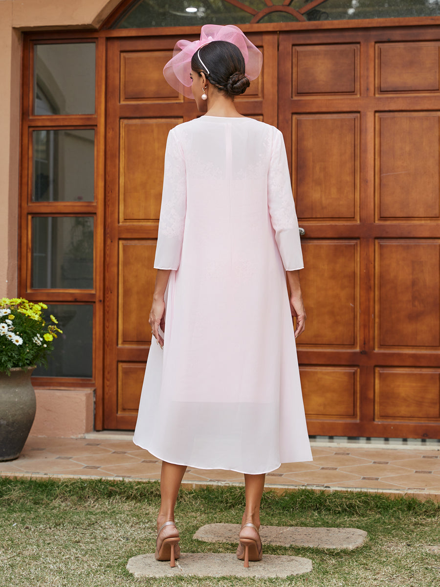 Sheath/Column Sheer Neck 3/4 Sleeves Knee-Length Evening Dresses with Appliques &amp; Jacket